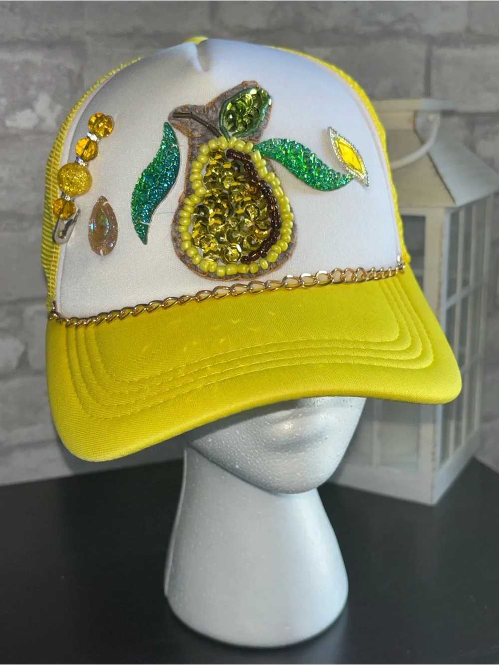 Handmade Embellished White & Yellow Sequin Baseball Cap NWT